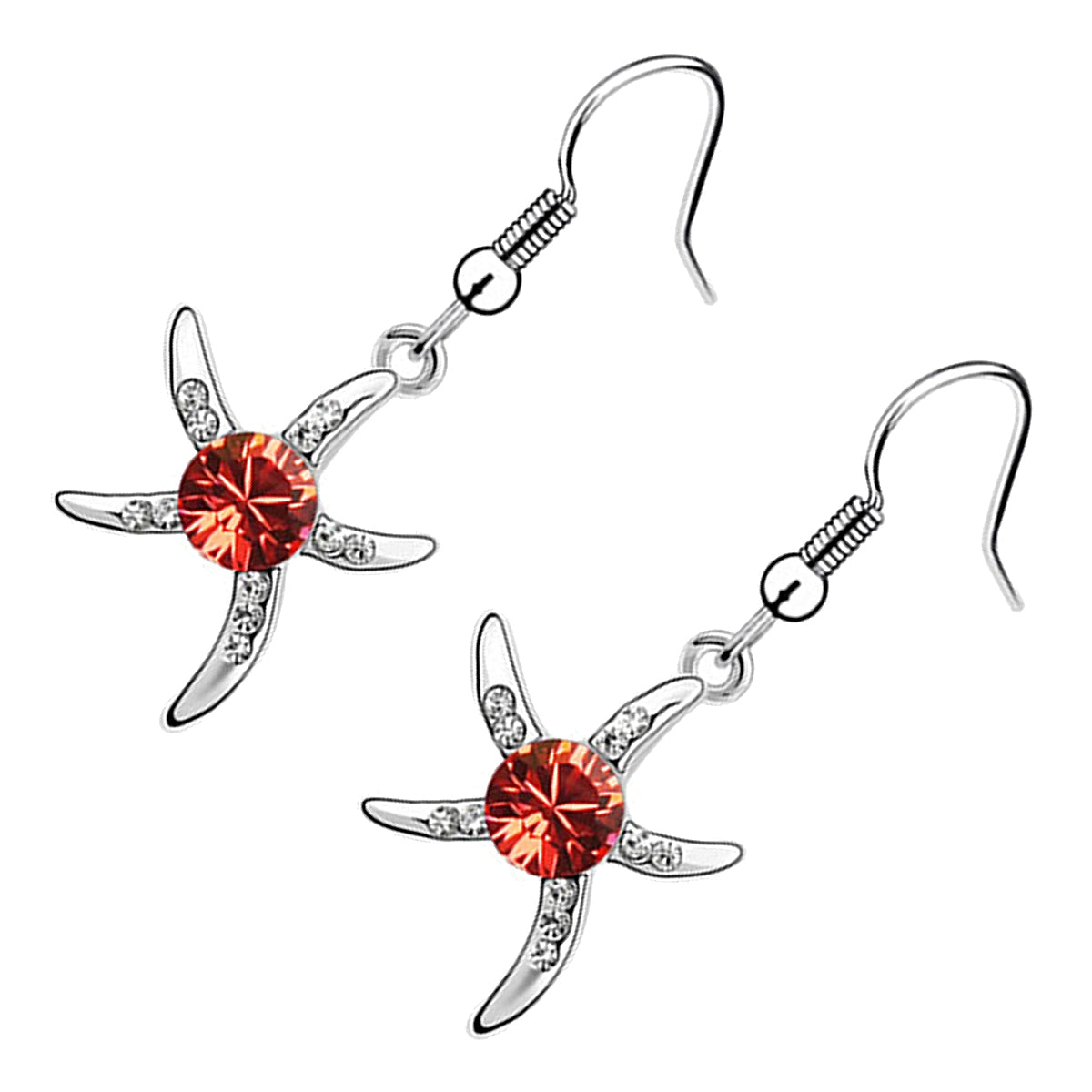 Starfish Earrings 925 Sterling Silver Coated Adorned with Stone in Central Disc and Paved with Crystals Alongside Arms