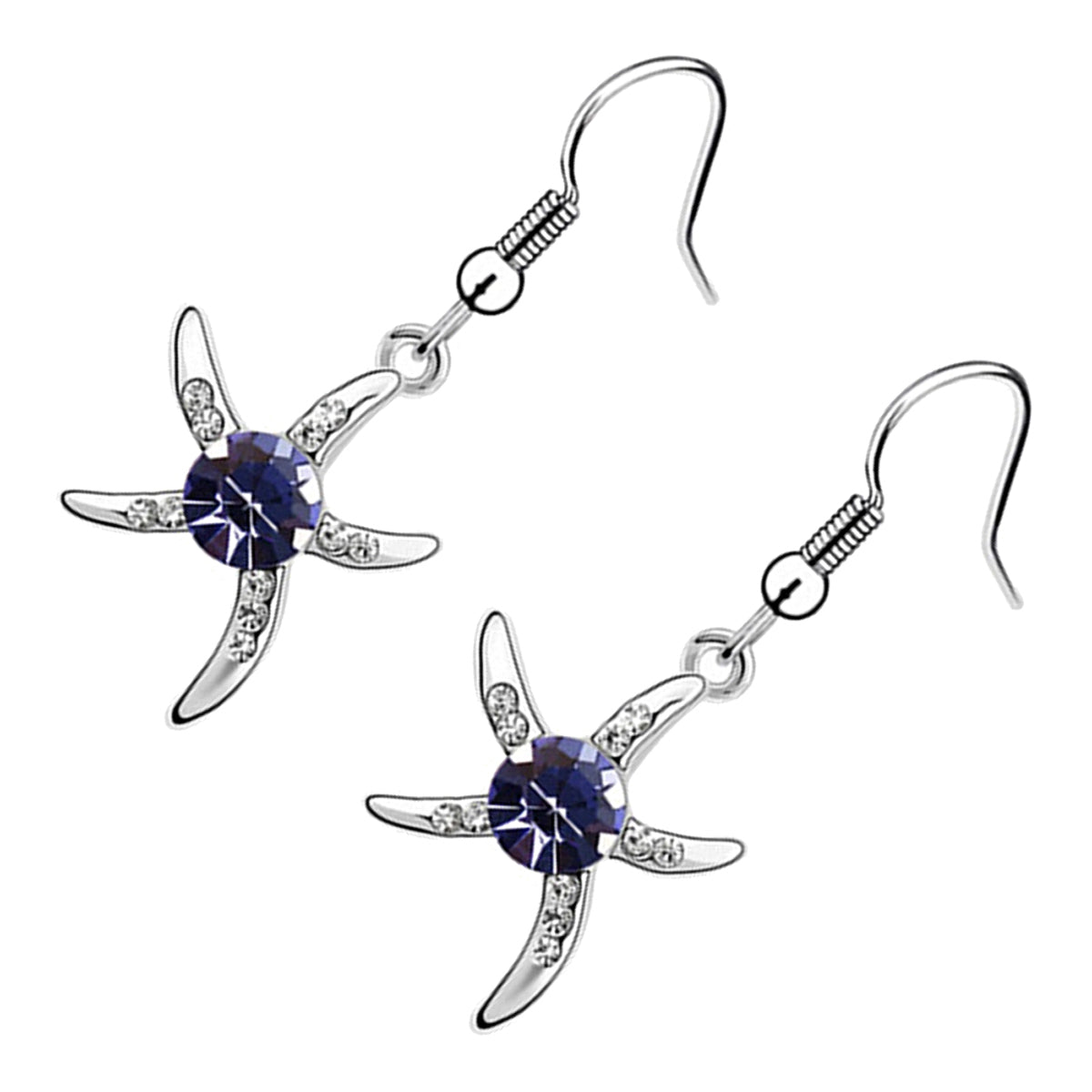 Starfish Earrings 925 Sterling Silver Coated Adorned with Stone in Central Disc and Paved with Crystals Alongside Arms