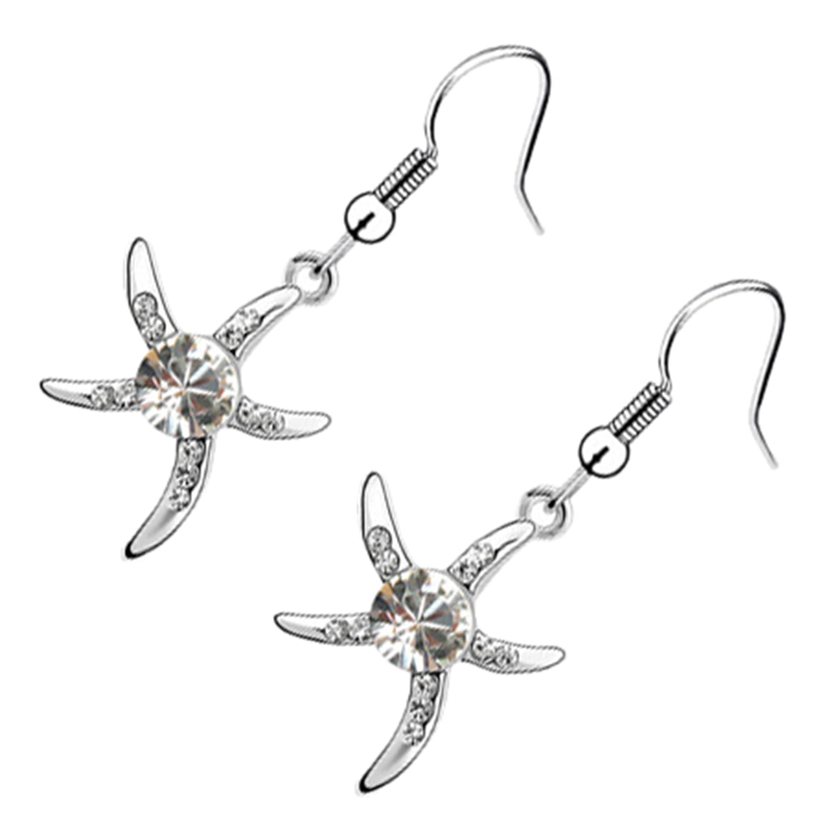 Starfish Earrings 925 Sterling Silver Coated Adorned with Stone in Central Disc and Paved with Crystals Alongside Arms