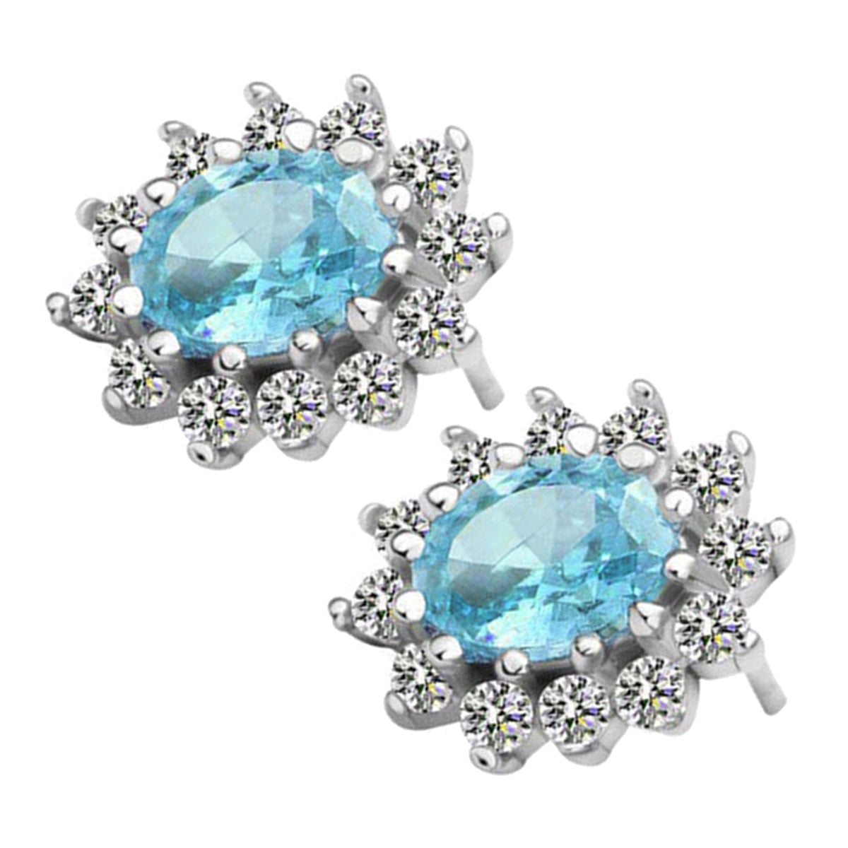 925 Sterling Silver Coated Oval Crystal Flower Earrings Adorned with White Stones