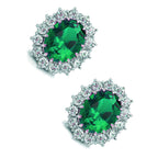 925 Sterling Silver Coated Oval Crystal Flower Earrings Adorned with White Stones