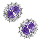 925 Sterling Silver Coated Oval Crystal Flower Earrings Adorned with White Stones