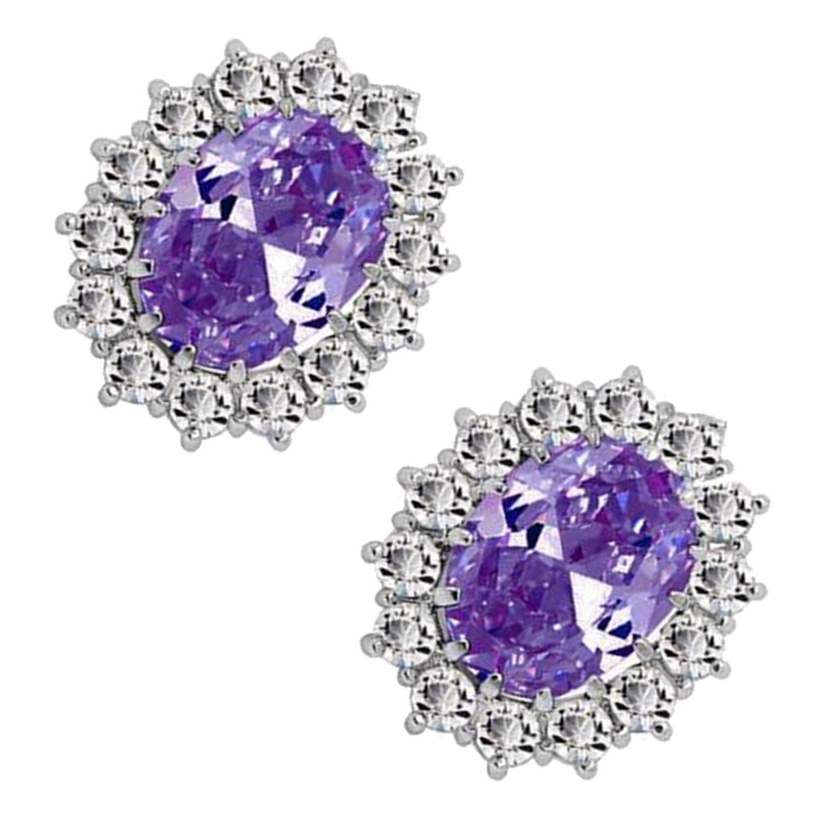 925 Sterling Silver Coated Oval Crystal Flower Earrings Adorned with White Stones