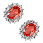 925 Sterling Silver Coated Oval Crystal Flower Earrings Adorned with White Stones