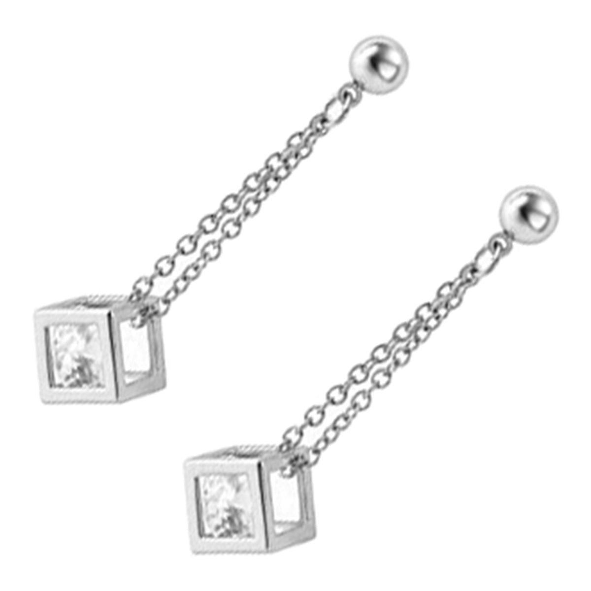 Unique Long Dangle Earrings Precious Metal Coated Round Cut Clear CZ Stone Inside Cube