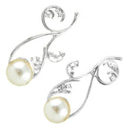 Flower Branch Drop Earrings Precious Metal Coated with Diamond Clear Crystals and White Pearl Inline