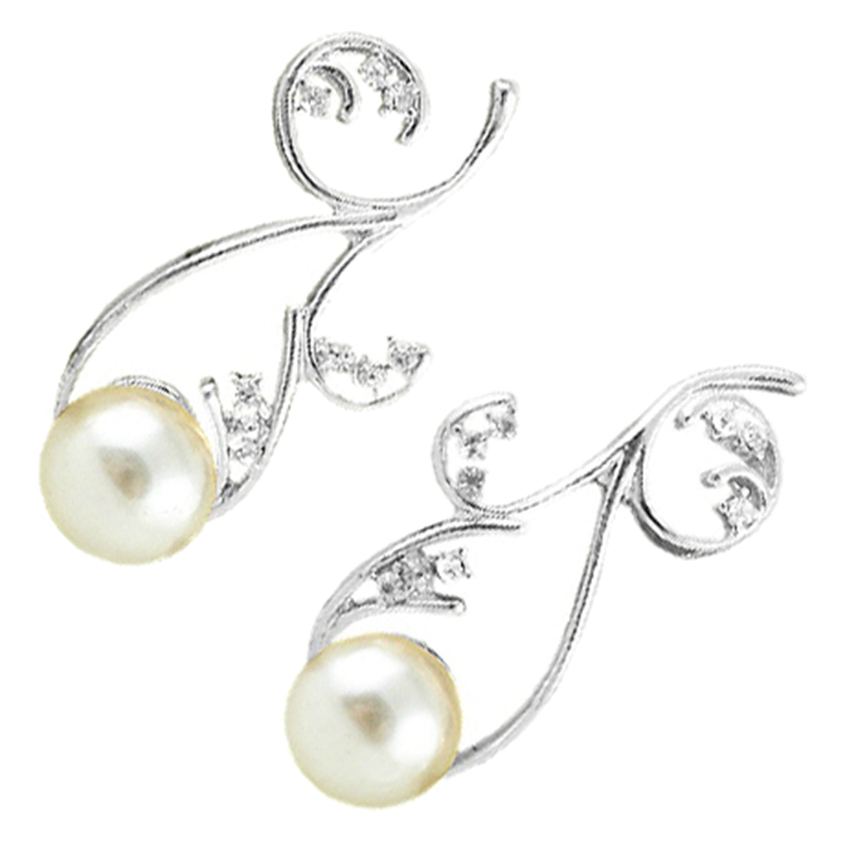 Flower Branch Drop Earrings Precious Metal Coated with Diamond Clear Crystals and White Pearl Inline