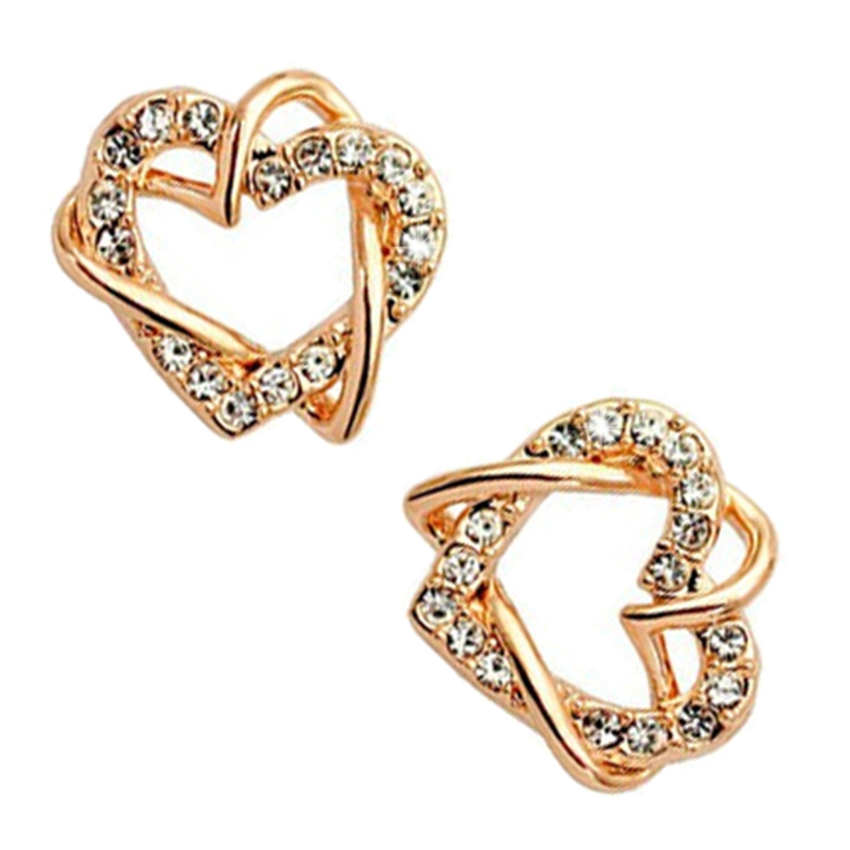 Love Earrings Heart Coated with Precious Metal and Adorned with Diamond Clear Stones, Bound with Another Heart