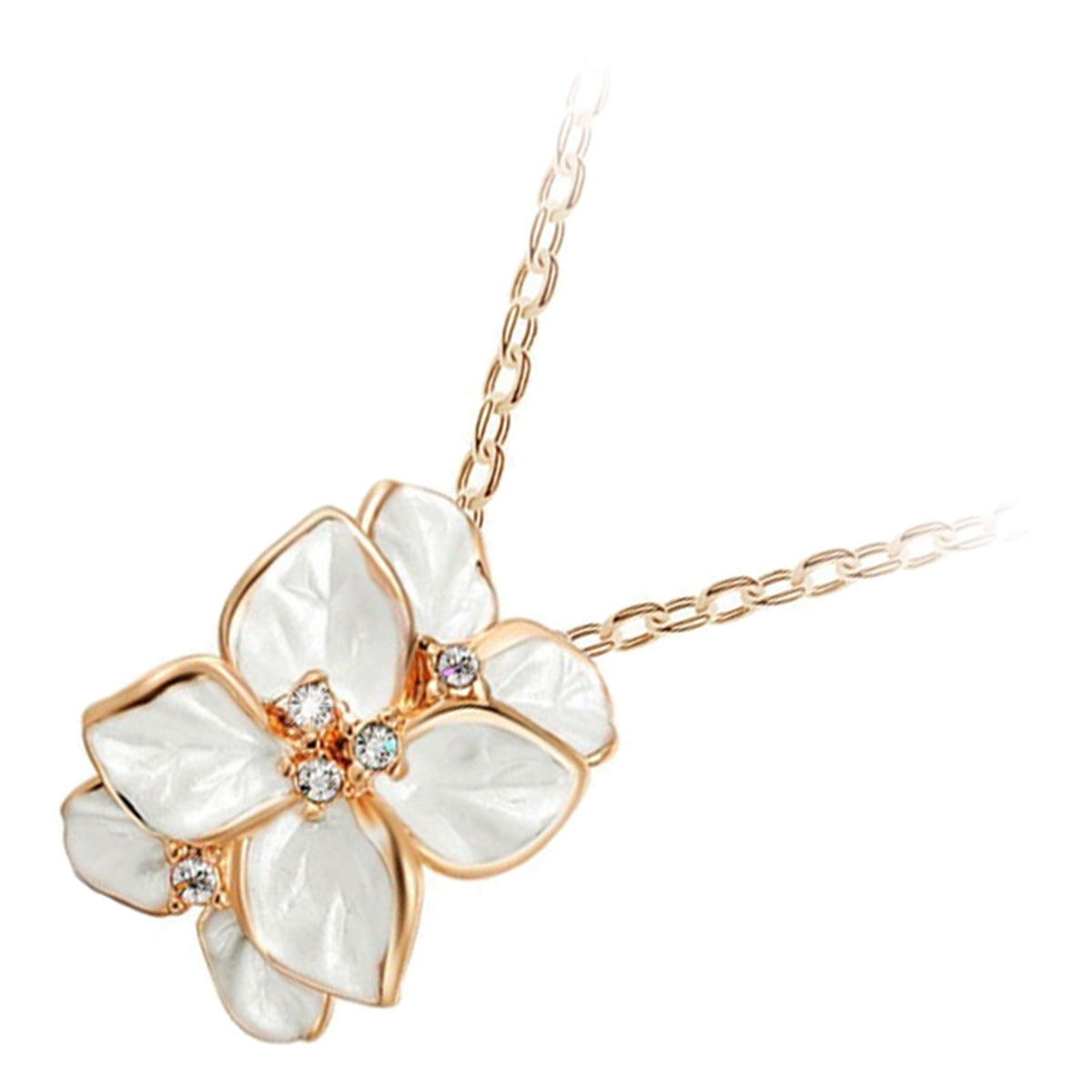 18K Yellow Gold Coated Vintage Flower Pendant Necklace Graced with Diamond Clear Crystals and Leaves