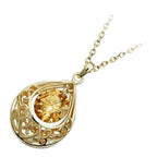 18K Yellow Gold Coated Round Zircon Stone Within Teardrop Vintage Filigree Pendant Necklace