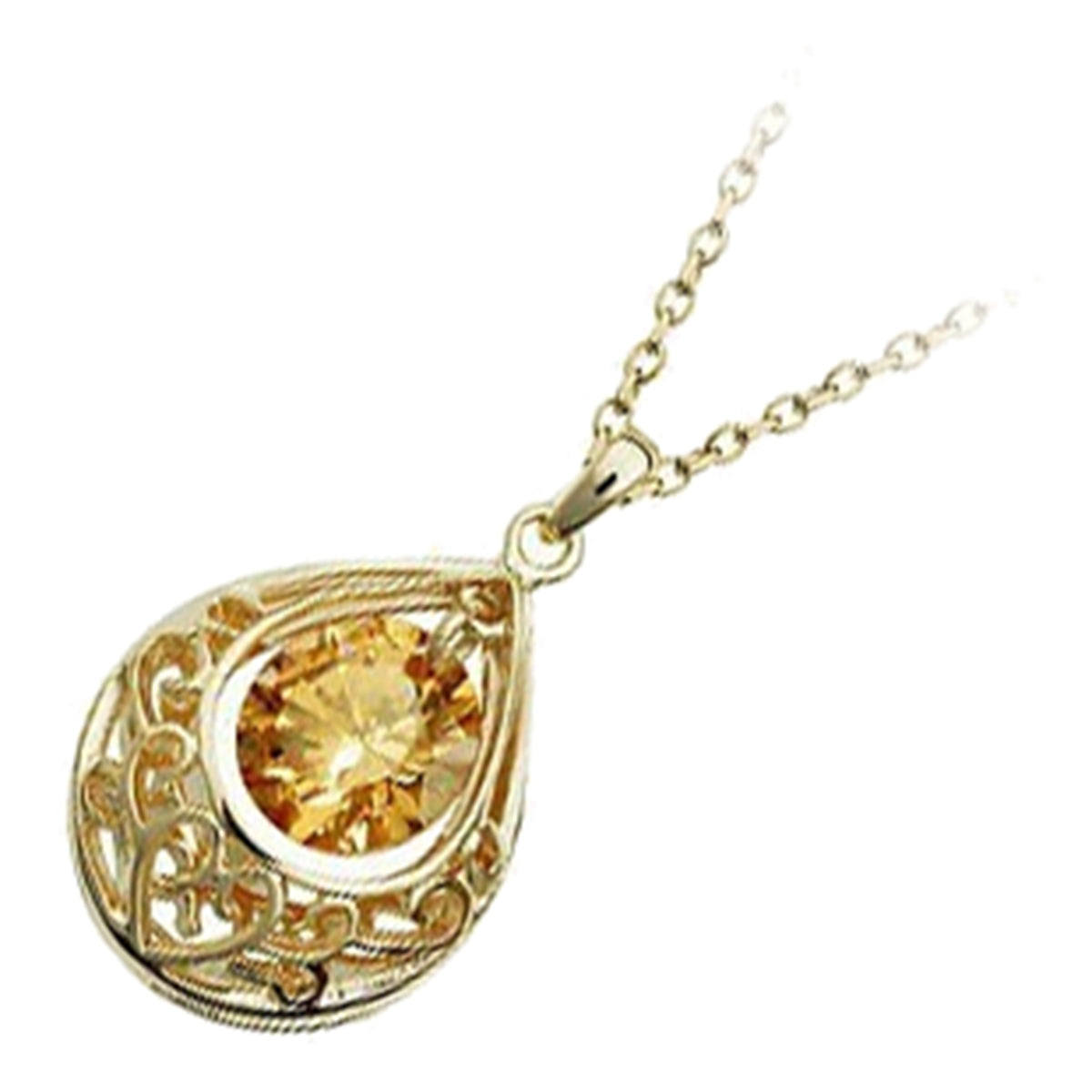 18K Yellow Gold Coated Round Zircon Stone Within Teardrop Vintage Filigree Pendant Necklace