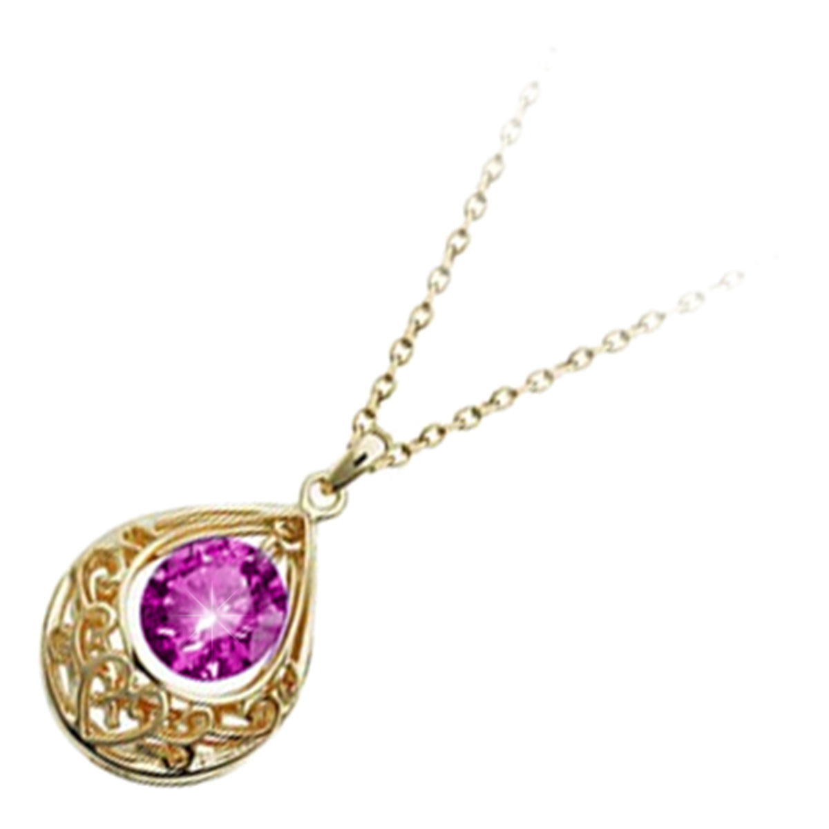 18K Yellow Gold Coated Round Zircon Stone Within Teardrop Vintage Filigree Pendant Necklace