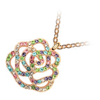 18K Yellow Gold Coated Symbolic Rosebud Pendant Necklace Paved with Stones