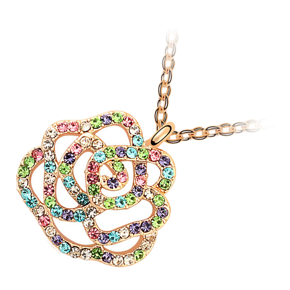 18K Yellow Gold Coated Symbolic Rosebud Pendant Necklace Paved with Stones
