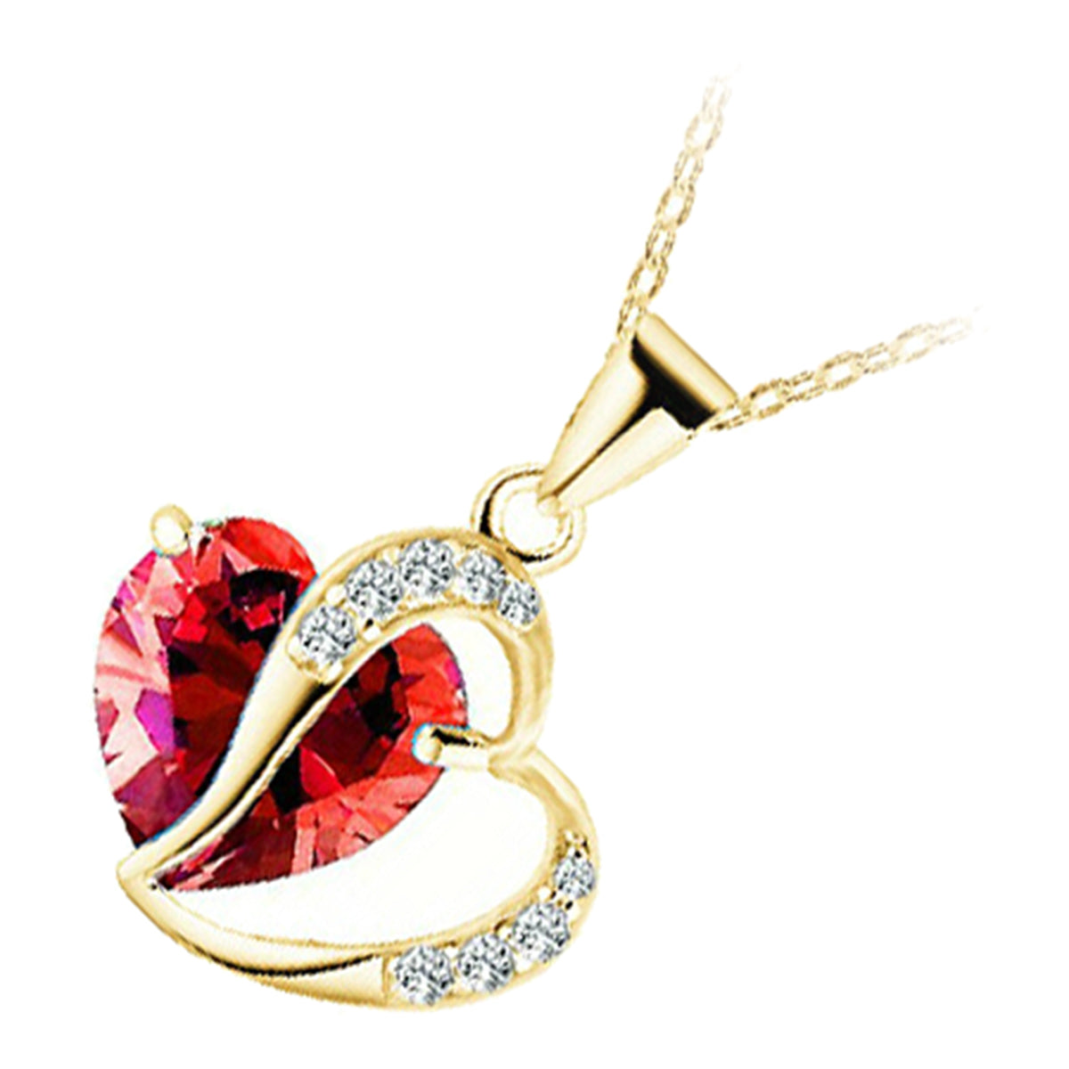 18K Yellow Gold Coated Zircon Heart Crystal Pendant Necklace Adorned with White Stones