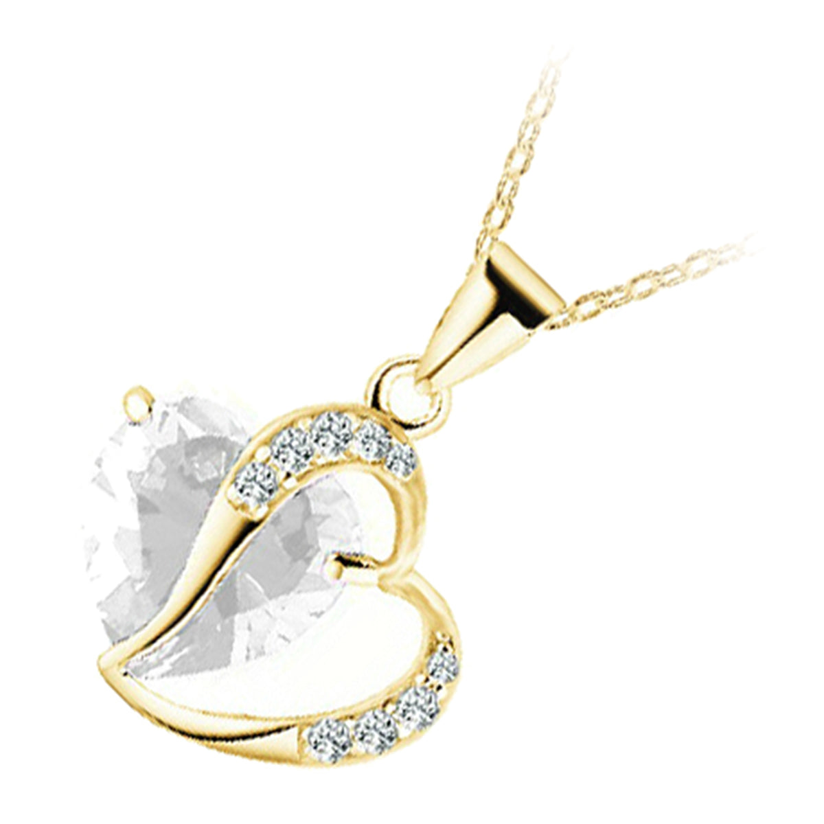 18K Yellow Gold Coated Zircon Heart Crystal Pendant Necklace Adorned with White Stones