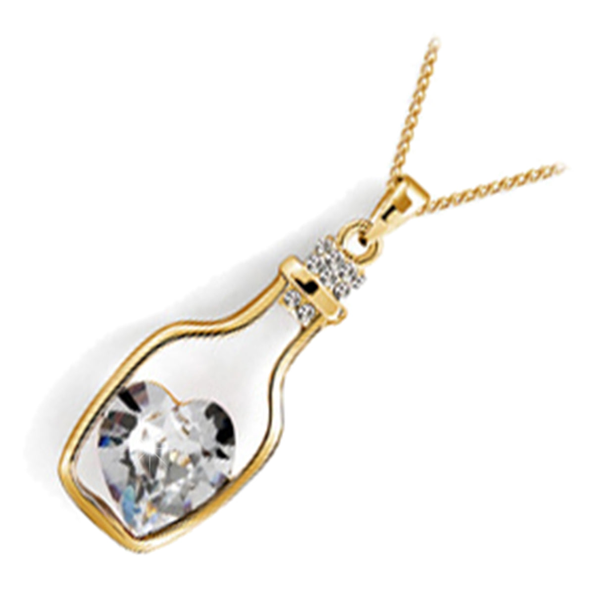 18K Yellow Gold Coated Heart Shaped Crystal Wish Bottle Love Pendant Necklace