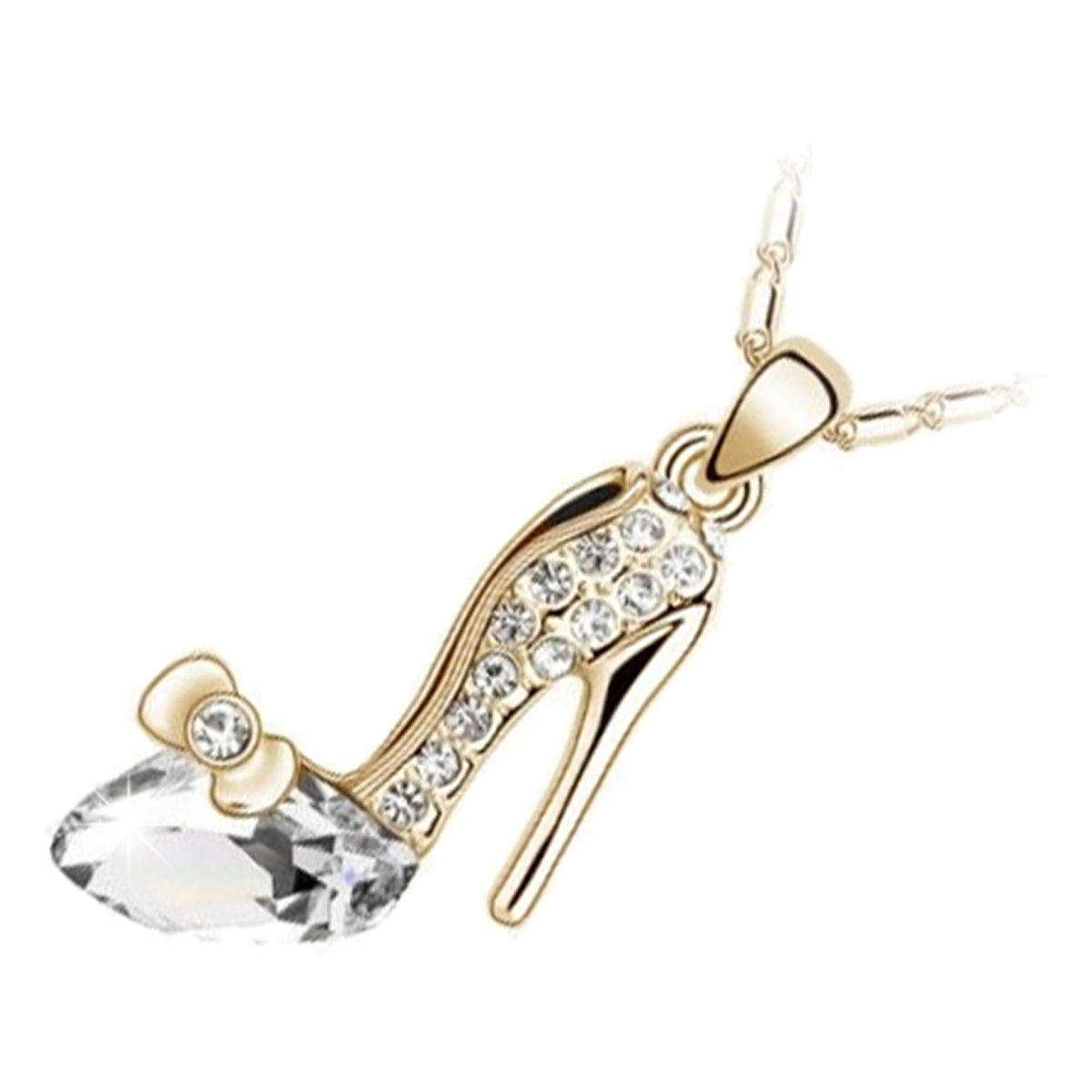 18K Yellow Gold Coated Crystal High-heeled Shoe Pendant Necklace Adorned with Diamond Clear Stones