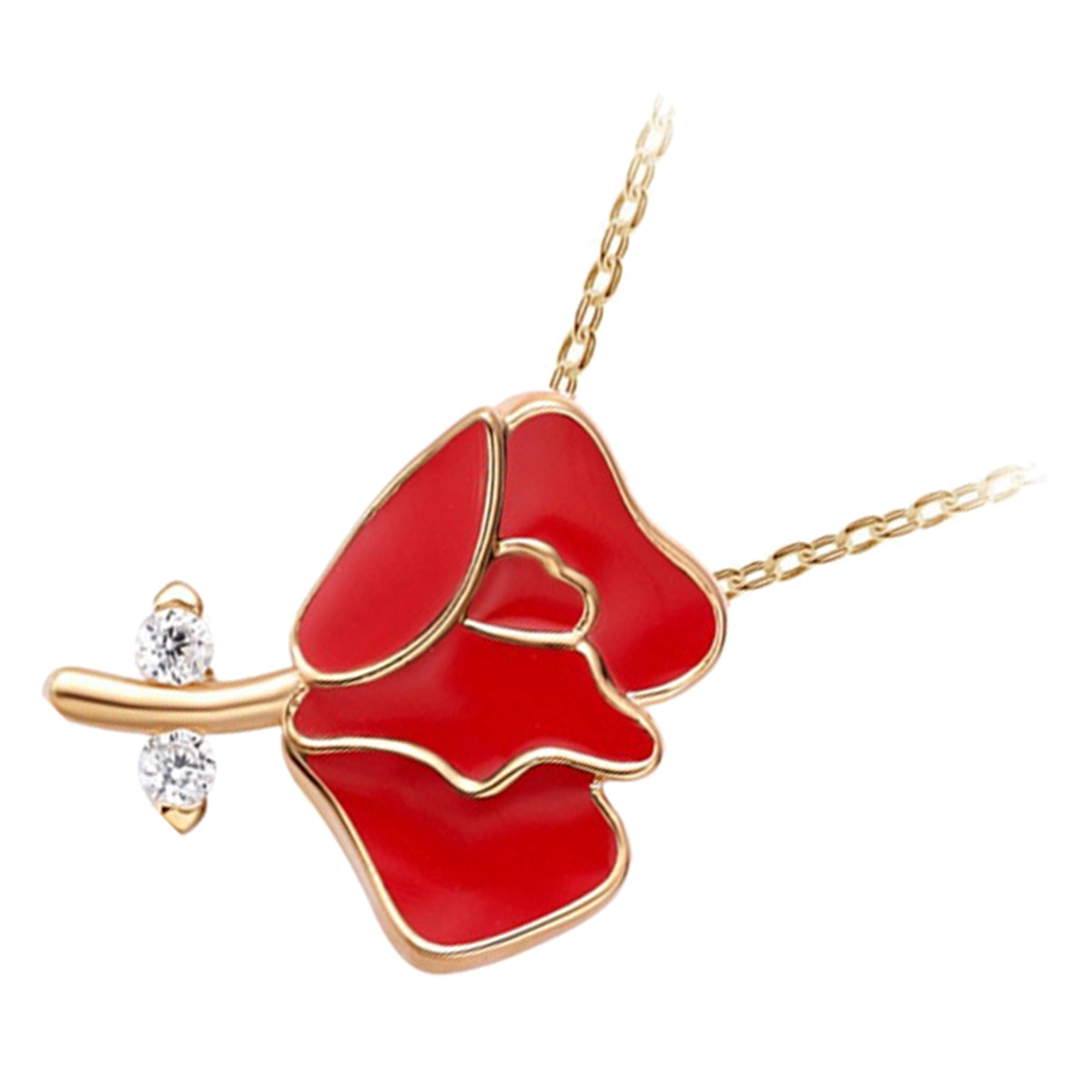 18K Yellow Gold Coated Rose Flower Pendant Necklace Jeweled Stalk and White Stones