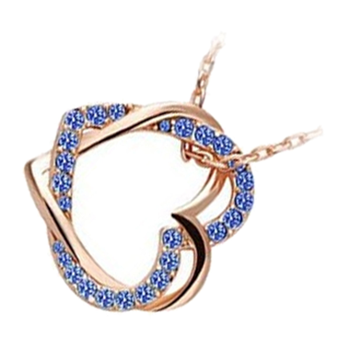 18K Rose Gold Coated Heart Pendant Necklace with Stones Interlocked with Another Heart
