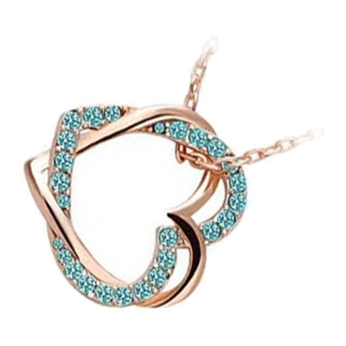 18K Rose Gold Coated Heart Pendant Necklace with Stones Interlocked with Another Heart