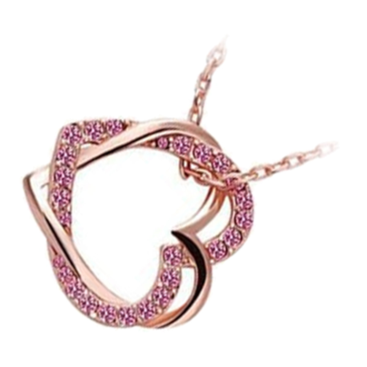 18K Rose Gold Coated Heart Pendant Necklace with Stones Interlocked with Another Heart