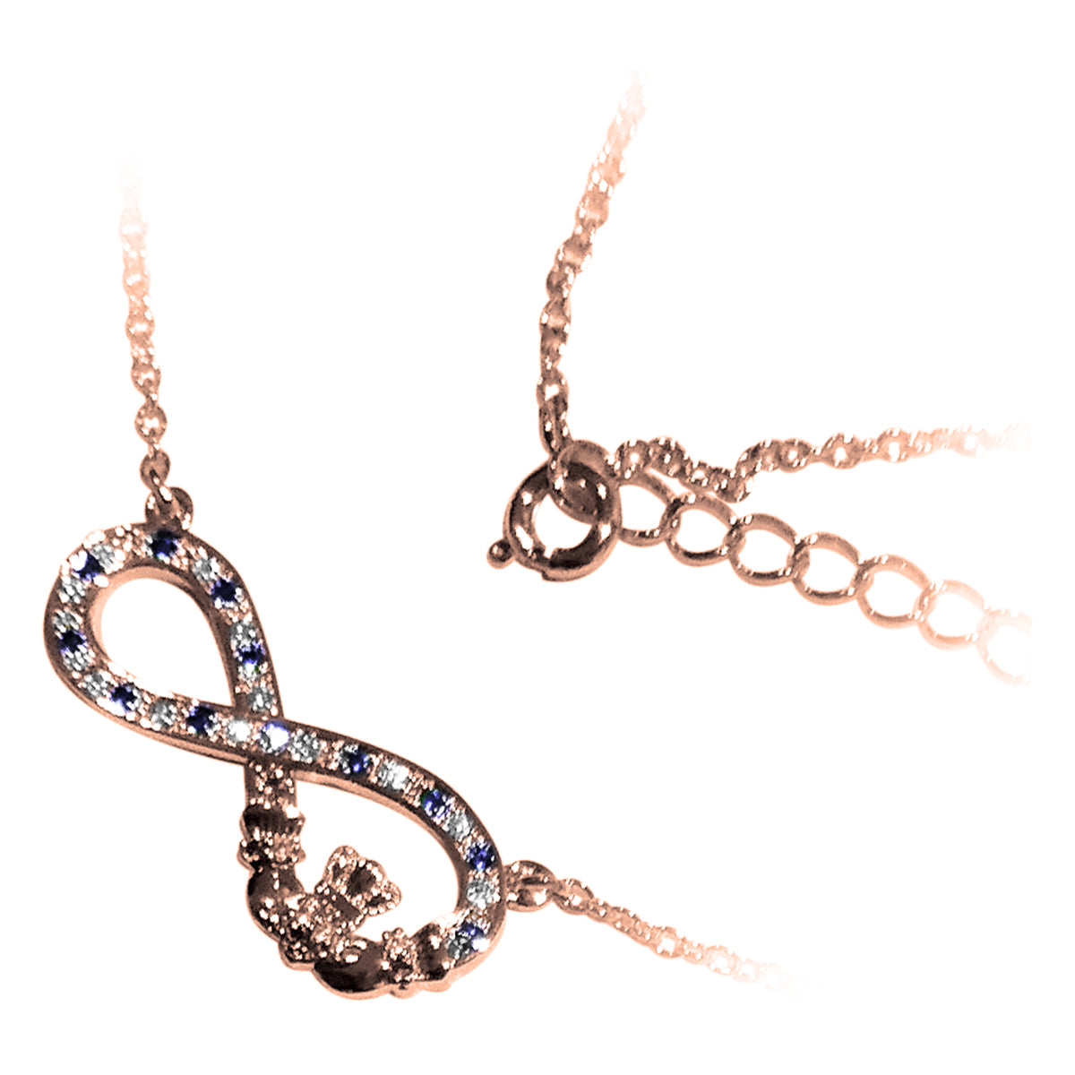 18K Rose Gold Coated Infinity Band Pendant Necklace with Claddagh and Cubic Zirconia Crystals