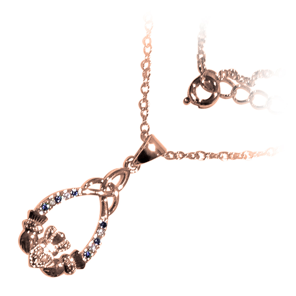 18K Rose Gold Coated Claddagh and Celtic Trinity Knot Teardrop Pendant Necklace with CZ Stones