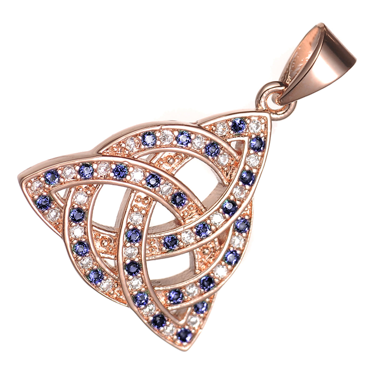 18K Rose Gold Coated Celtic Trinity Knot Pendant Necklace with Circle Ornament and CZ Stones