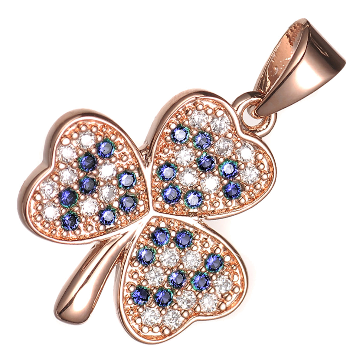 18K Rose Gold Coated Shamrock Flower Pendant Necklace Adorned with Zircon Stones