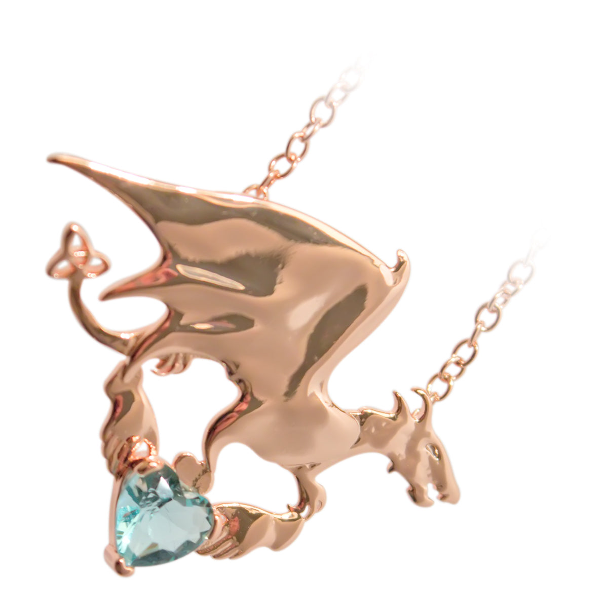 18K Rose Gold Coated Dragon Pendant Necklace with Stone and Celtic Trinity Knot