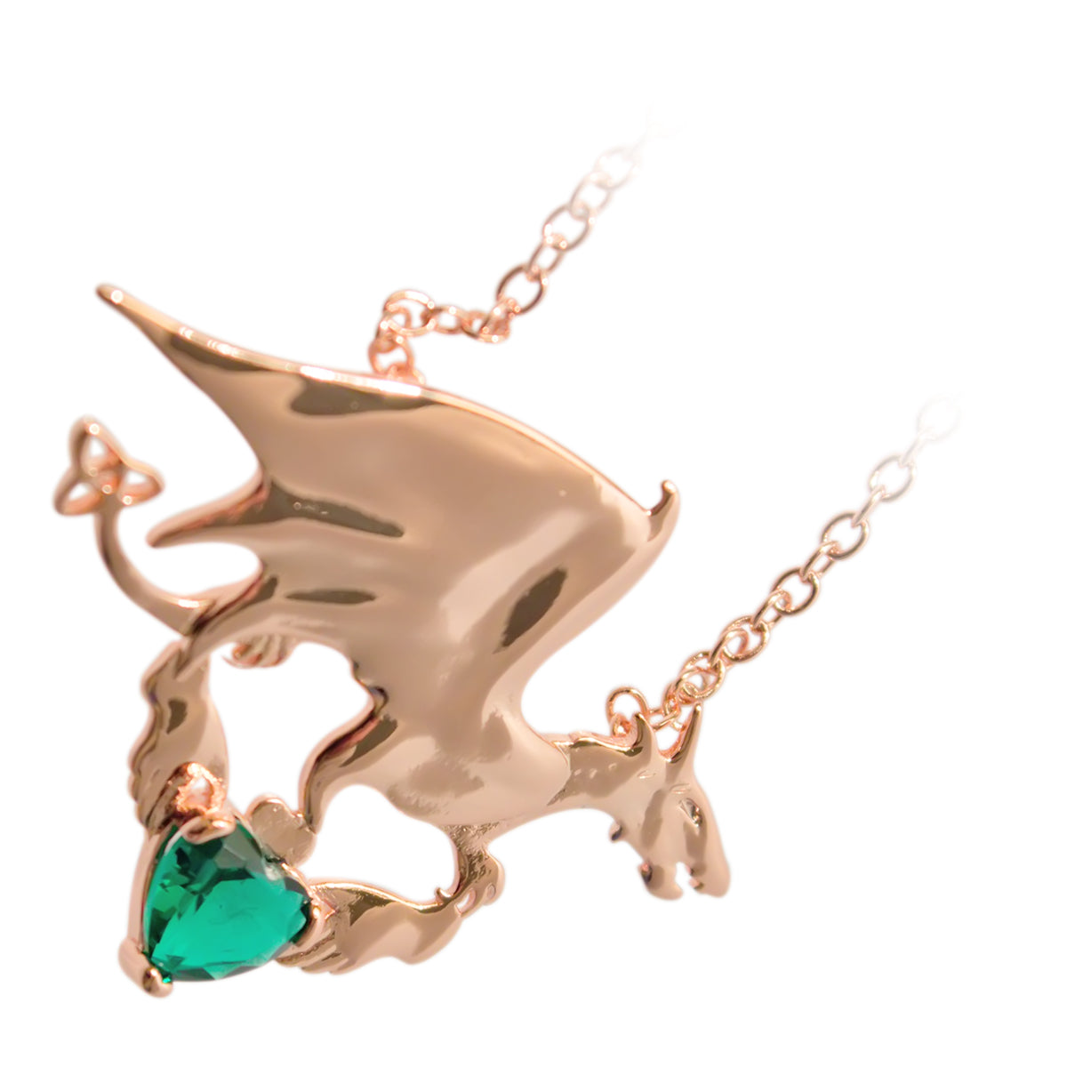 18K Rose Gold Coated Dragon Pendant Necklace with Stone and Celtic Trinity Knot