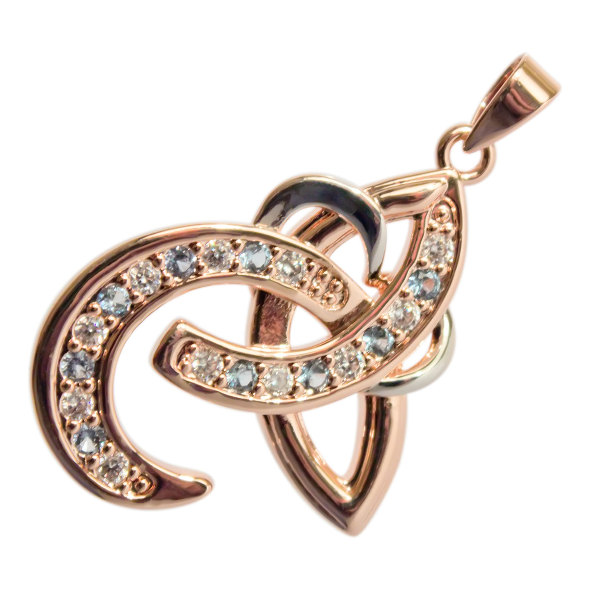 18K Rose Gold Coated Celtic Trinity Knot and White Gold Coated Heart Pendant Necklace with Stones and 2 Tone
