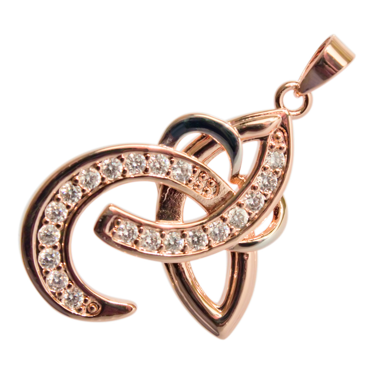 18K Rose Gold Coated Celtic Trinity Knot and White Gold Coated Heart Pendant Necklace with Stones and 2 Tone