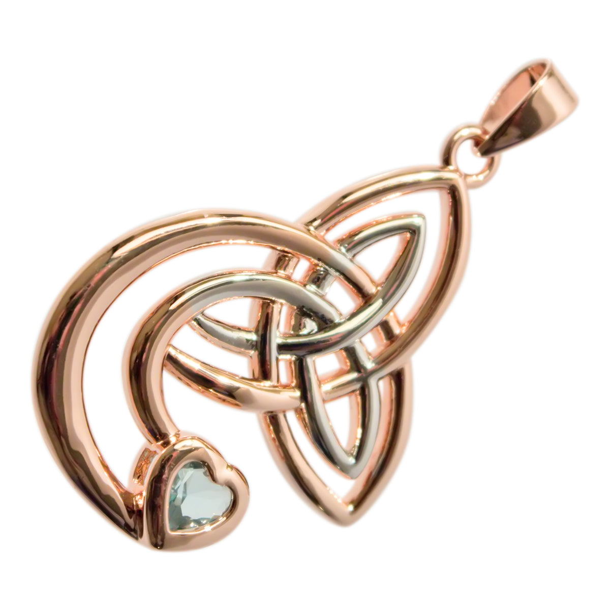 18K Rose and White Gold Coated Double Celtic Trinity Knot Pendant Necklace with Heart Stone