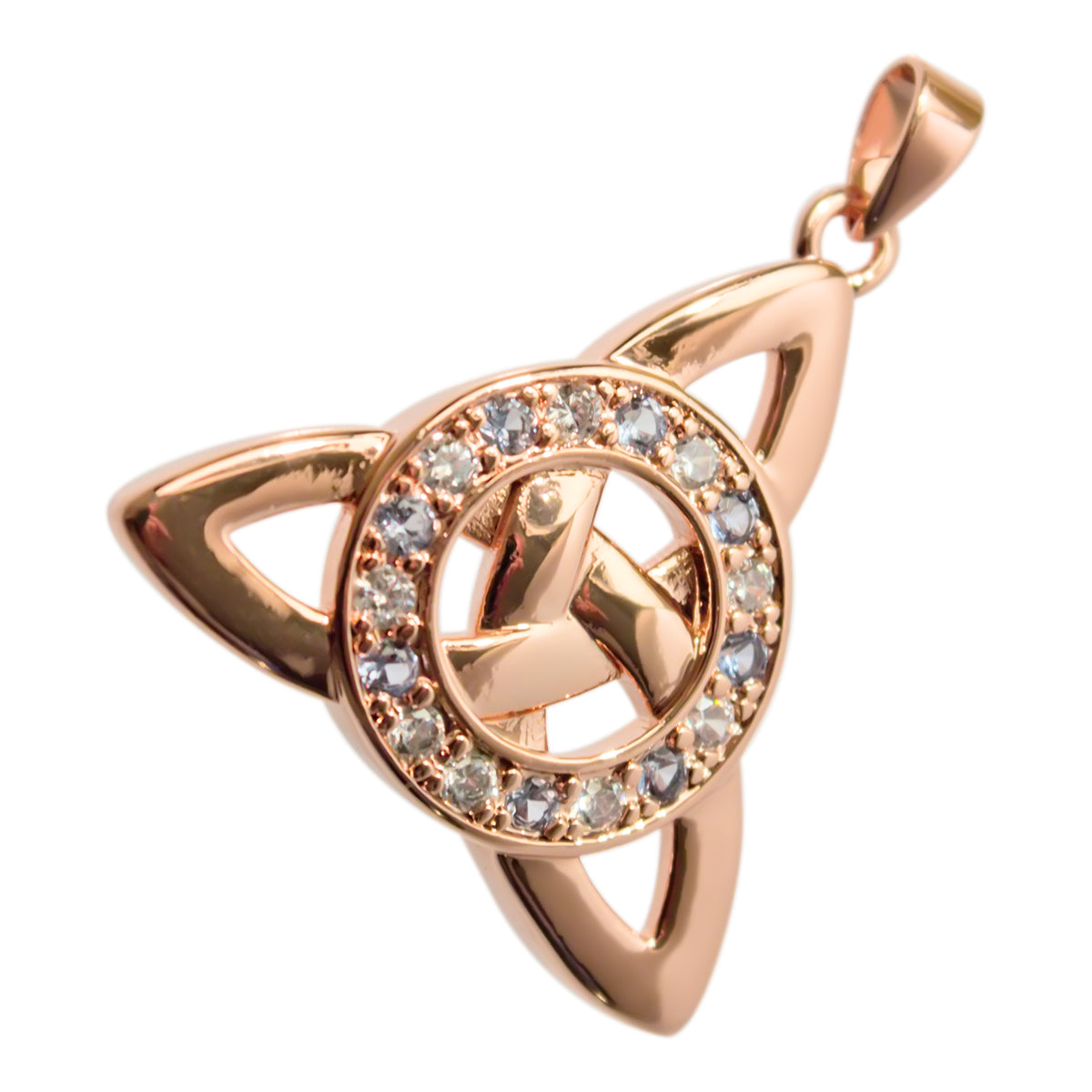 18K Rose Gold Coated Celtic Trinity Knot Pendant Necklace with Circle and Stones