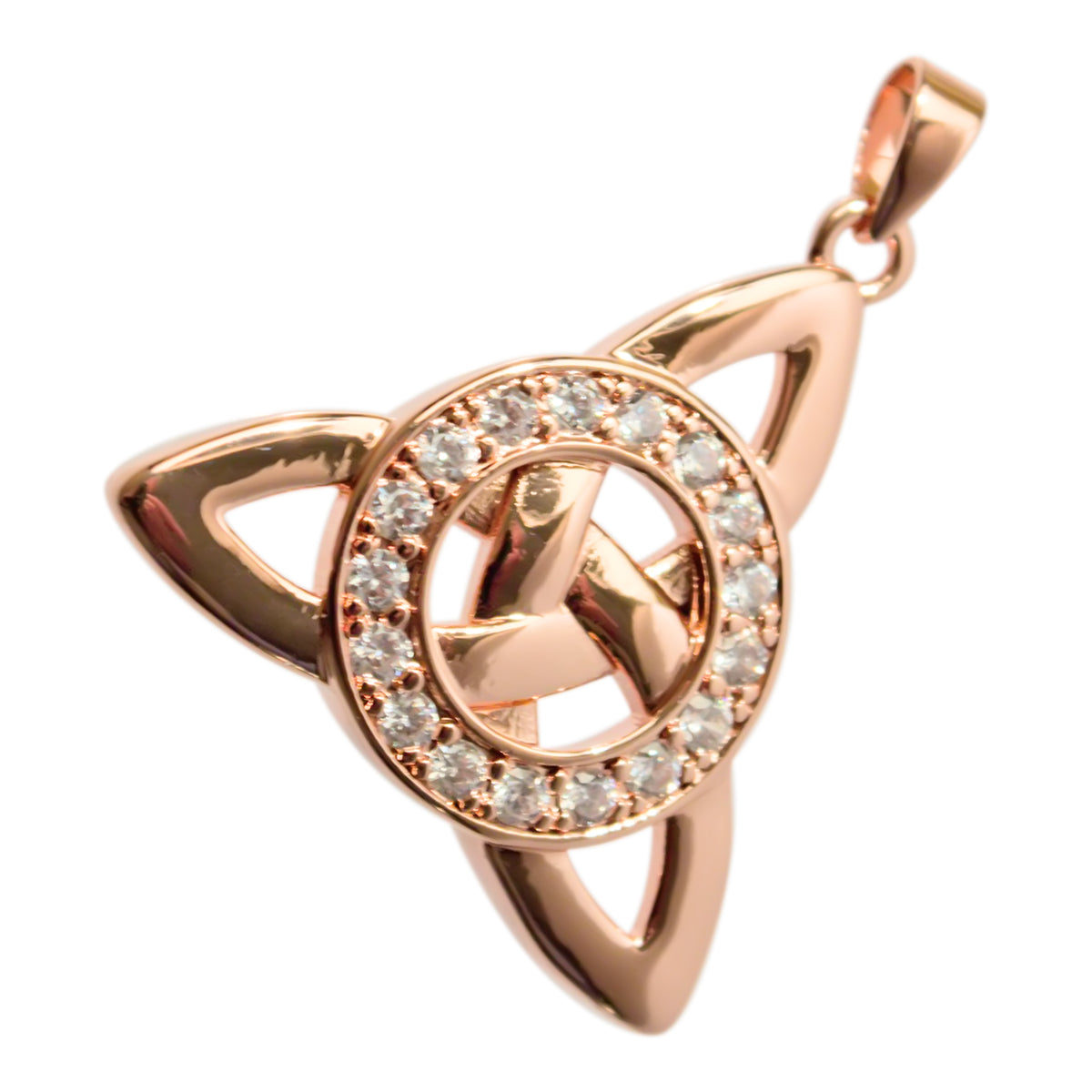 18K Rose Gold Coated Celtic Trinity Knot Pendant Necklace with Circle and Stones