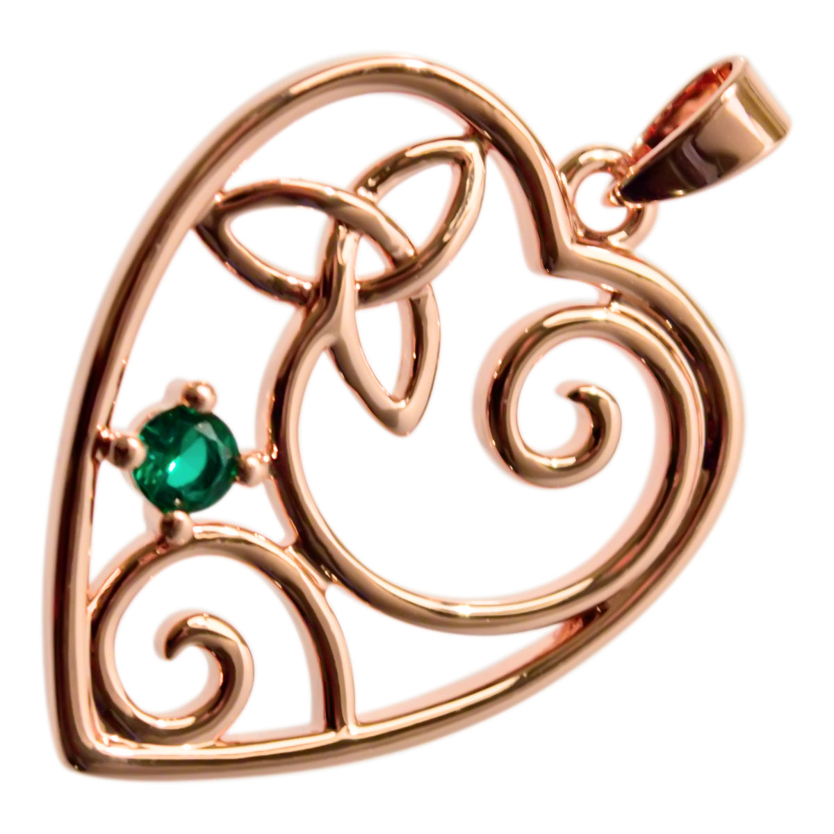 18K Rose Gold Coated Filigree Heart Pendant Necklace with Celtic Trinity Knot and Stone