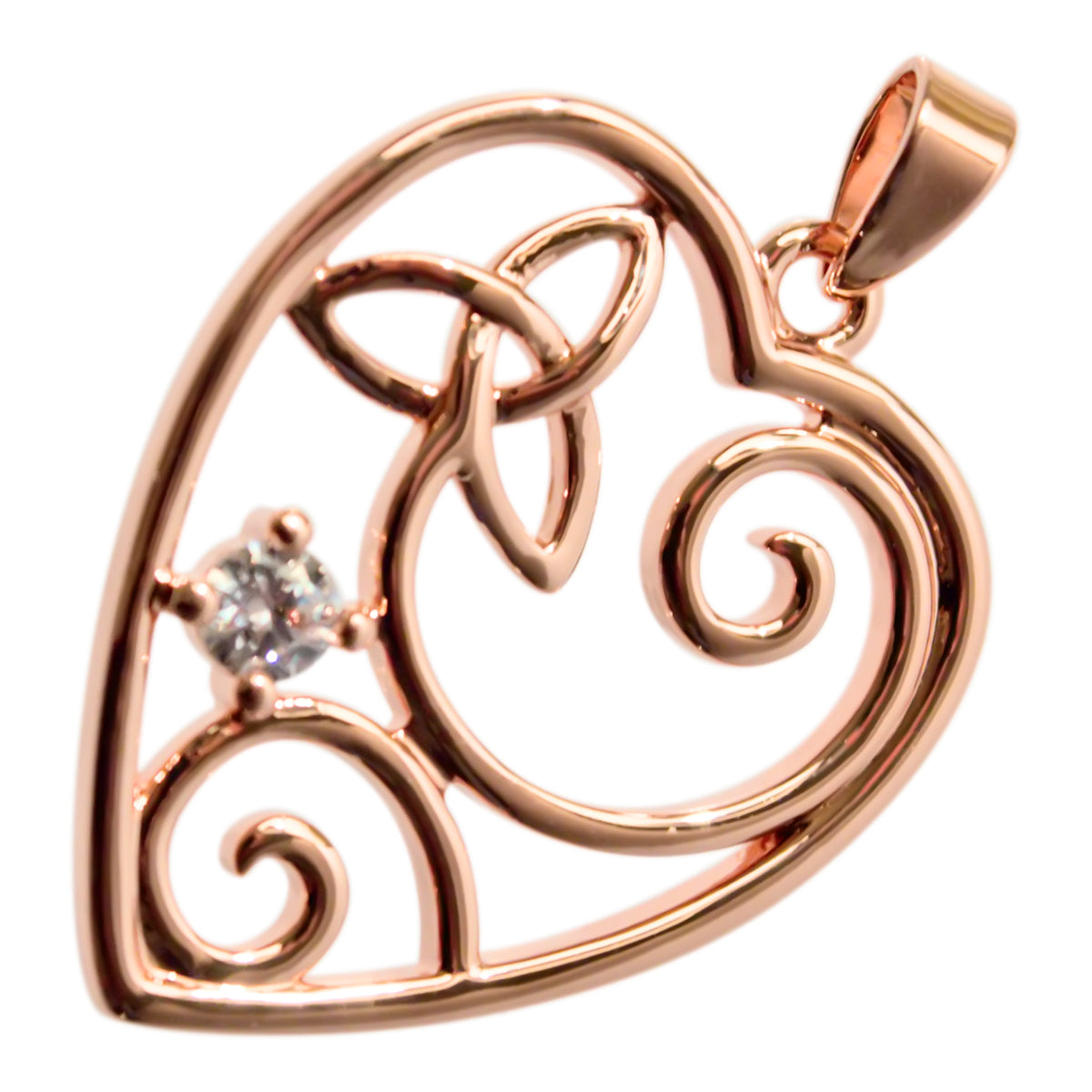 18K Rose Gold Coated Filigree Heart Pendant Necklace with Celtic Trinity Knot and Stone