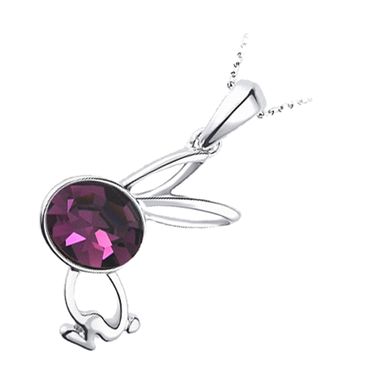 18K White Gold Coated Running Bunny Rabbit Pendant Necklace with Oval Crystal