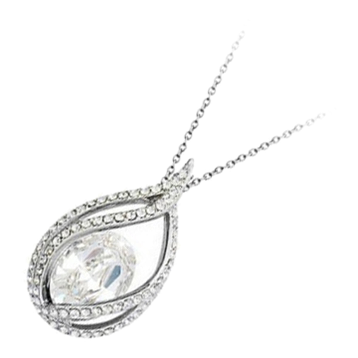 18K White Gold Coated Oval Sparkling Crystal Pendant Necklace with Teardrop Design