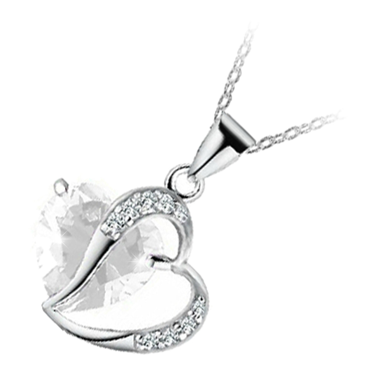 18K White Gold Coated Zircon Heart Crystal Behind Heart Love Pendant Necklace