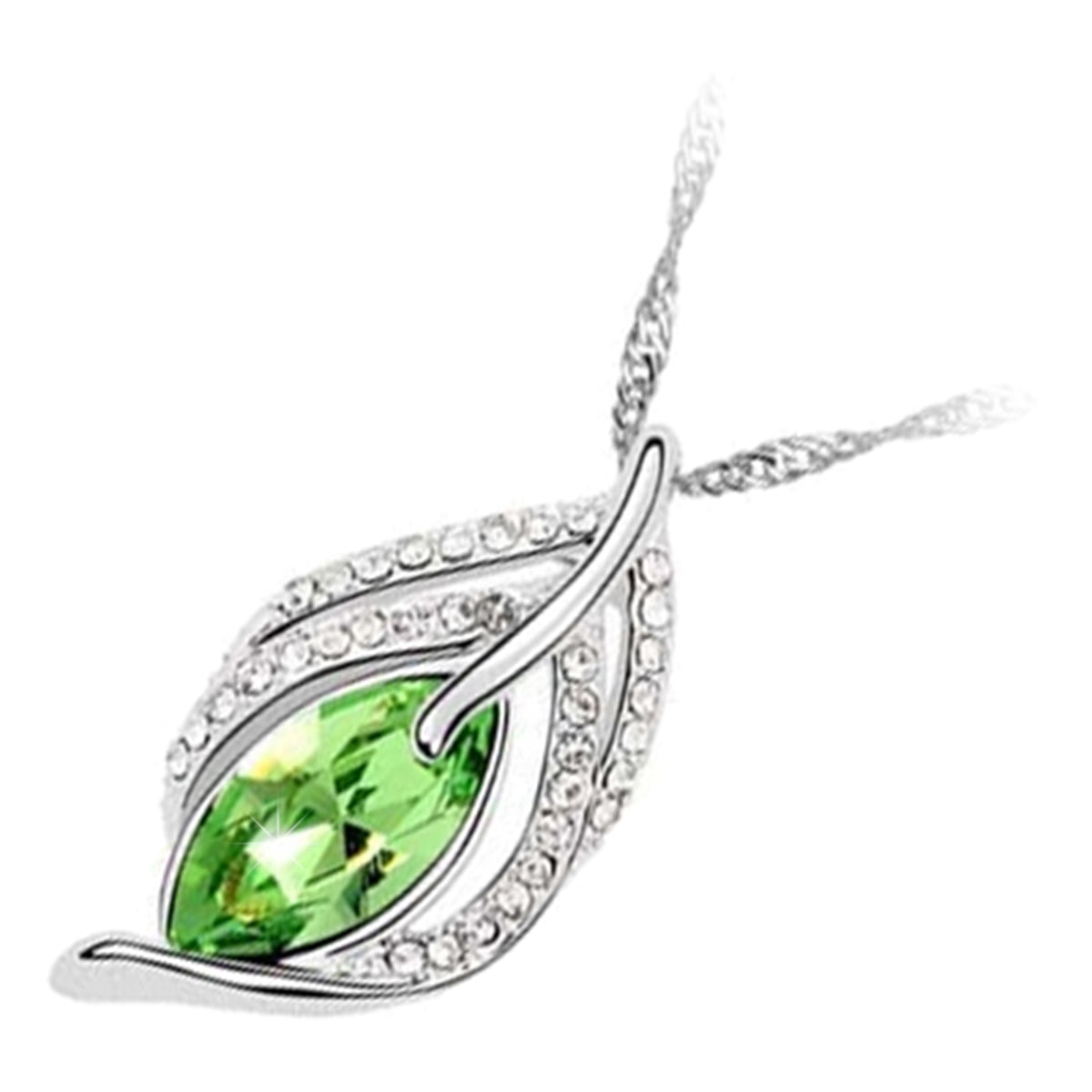 18K White Gold Coated Olive Shaped Crystal Pendant Necklace with Floral Branch