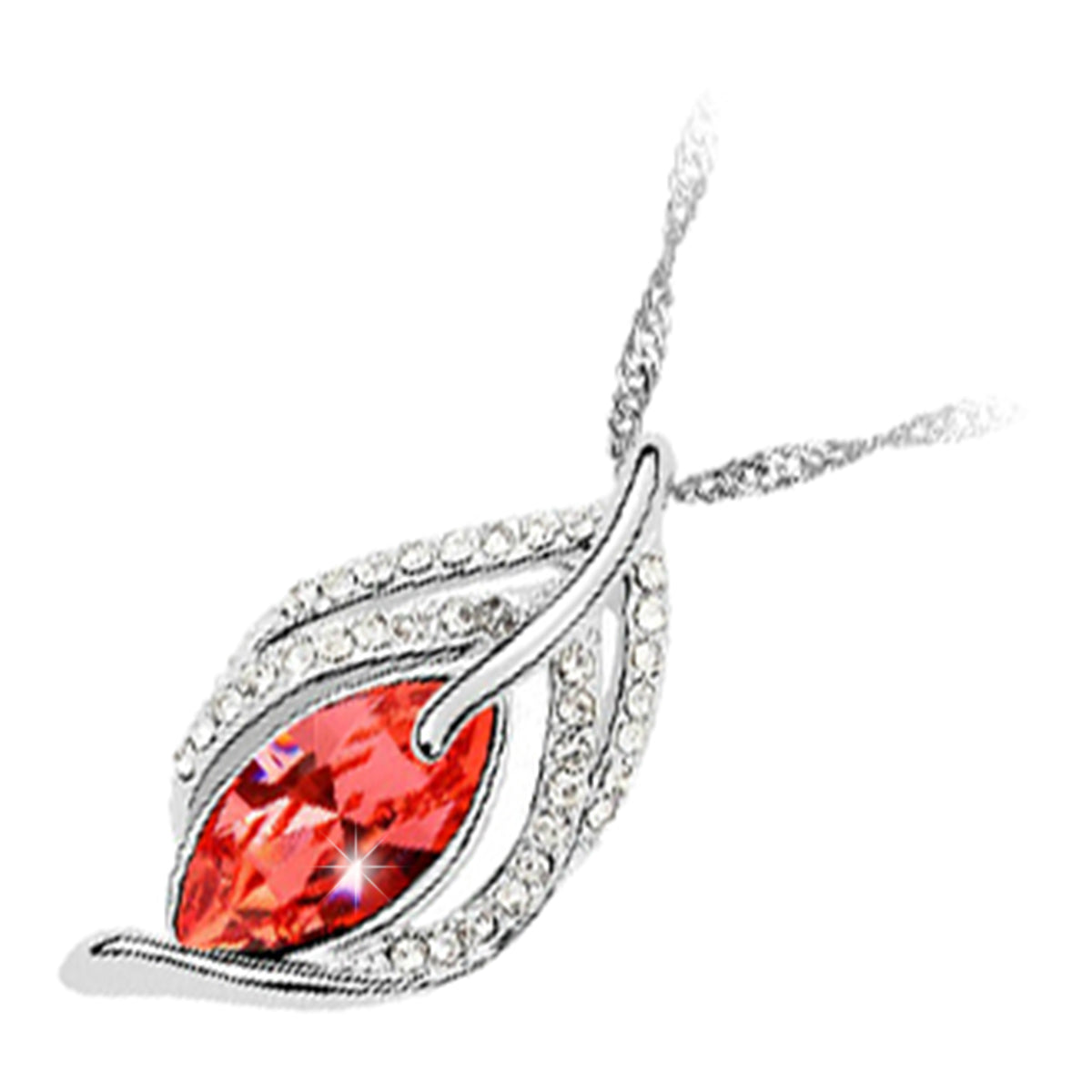 18K White Gold Coated Olive Shaped Crystal Pendant Necklace with Floral Branch