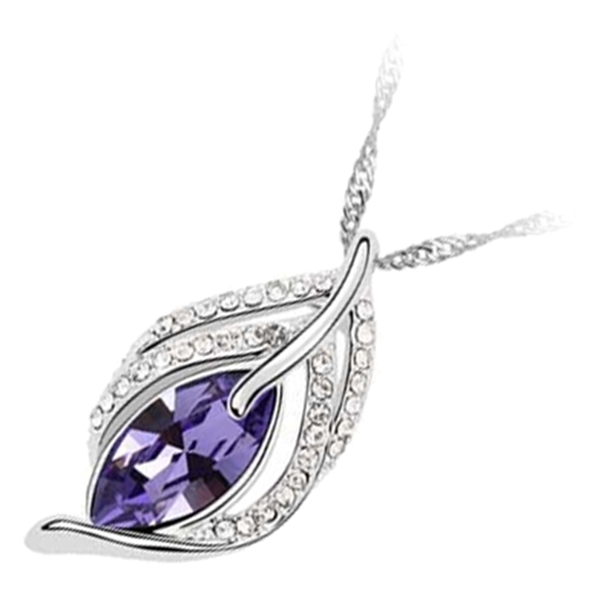 18K White Gold Coated Olive Shaped Crystal Pendant Necklace with Floral Branch