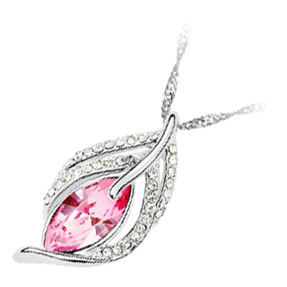 18K White Gold Coated Olive Shaped Crystal Pendant Necklace with Floral Branch