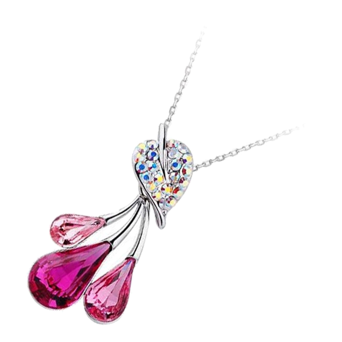 18K White Gold Coated Pear Shaped Crystal Fruits Pendant Necklace with Leaf Design