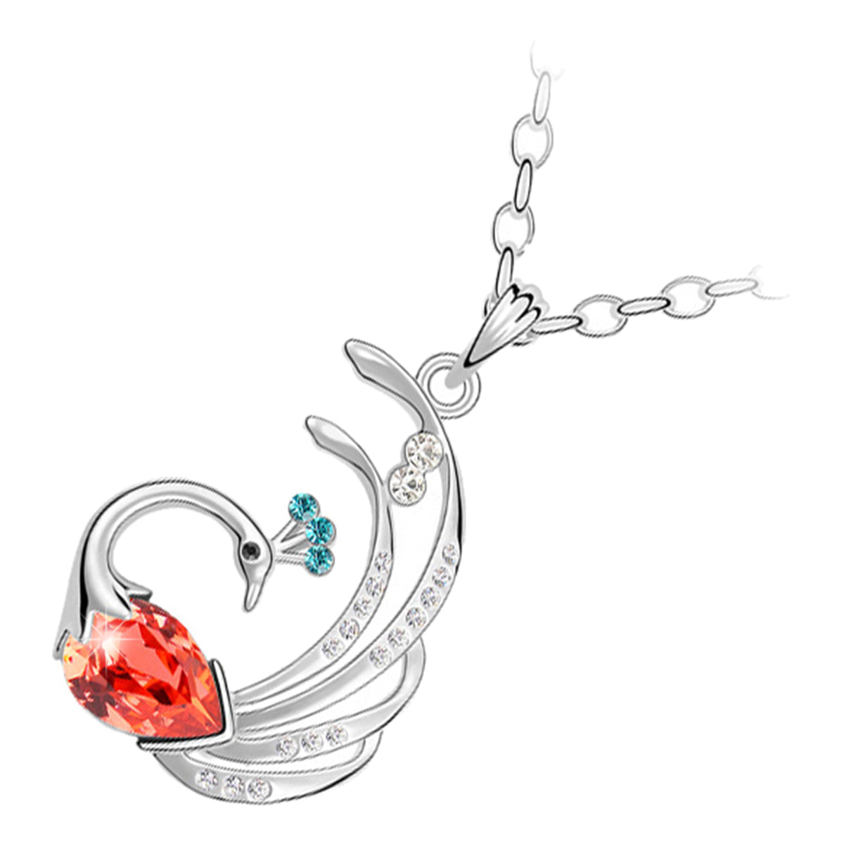 18K White Gold Coated Peacock Pendant Necklace with Crystal Body
