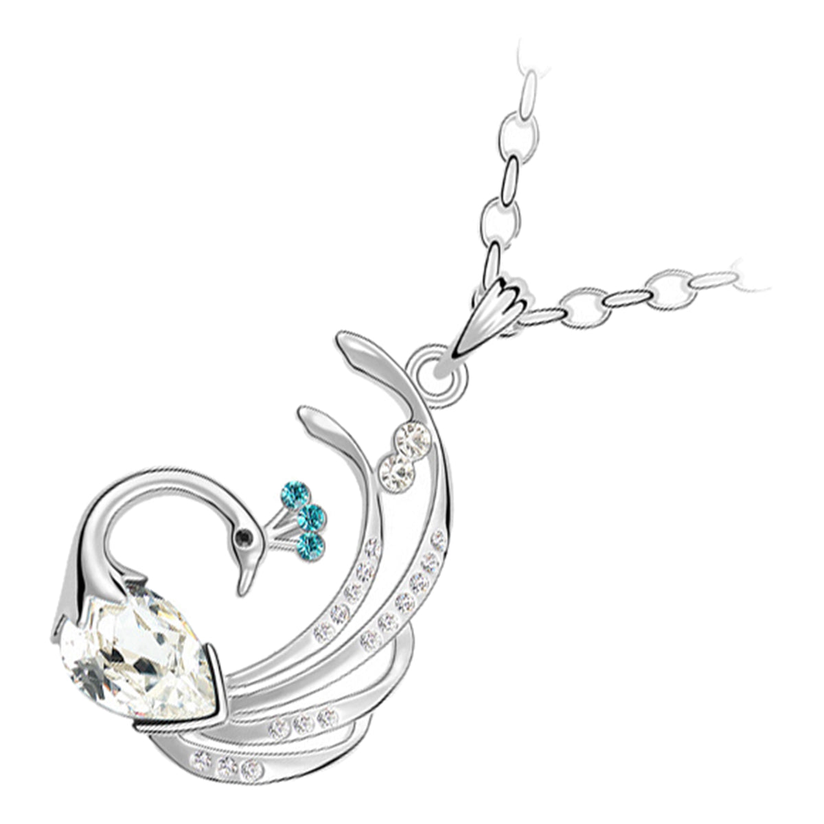 18K White Gold Coated Peacock Pendant Necklace with Crystal Body