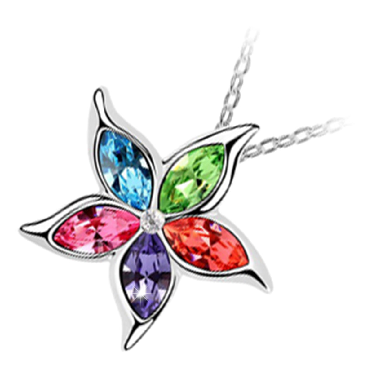 18K White Gold Coated Sea Star Flower Pendant Necklace with 5 Sparkling Crystals